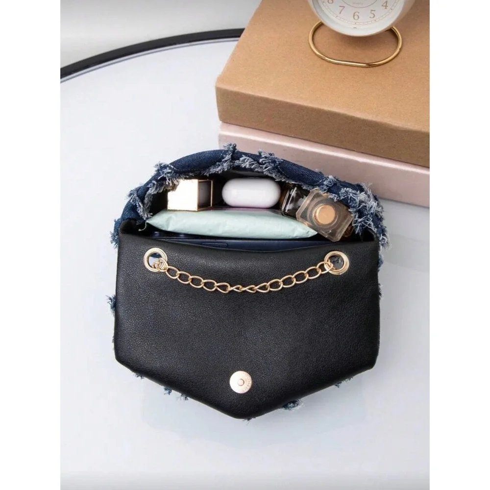 Distressed Denim Crossbody Bag Blue Quilted Frayed‎ Chain Strap Purse